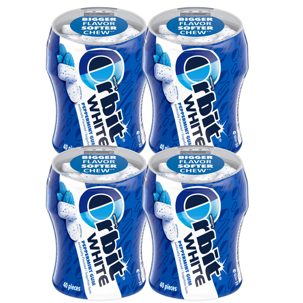 THE HAMPTON CANDY COMPANY bote frontal de Orbit White Peppermint mostrando etiqueta y cantidad