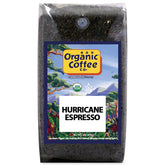 The Organic Coffee Co. paquete frontal Hurricane Espresso mostrando etiqueta y tamaño