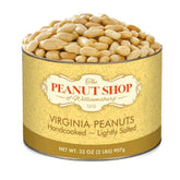 The Peanut Shop of Williamsburg lata 32 oz vista frontal, empaque resistente y regalo elegante