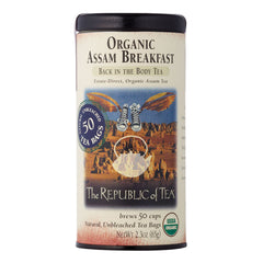 The Republic of Tea frontal del empaque mostrando 50 bolsitas y beneficio de conveniencia
