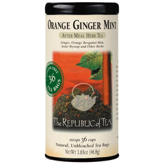 The Republic of Tea caja delantera mostrando 36 bolsitas y diseño atractivo