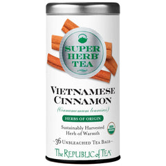 The Republic of Tea empaque frontal mostrando canela vietnamita y beneficios orgánicos