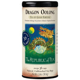 The Republic of Tea frontal de la caja Dragon Oolong mostrando 36 bolsitas y beneficios de sabor