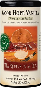 The Republic of Tea empaque frontal Good Hope Vanilla mostrando 36 bolsitas y beneficios aromáticos