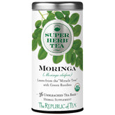 The Republic of Tea empaque frontal de SuperHerb Moringa mostrando información y beneficio orgánico