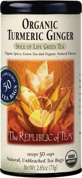 The Republic of Tea empaque frontal con diseño orgánico y beneficios claros