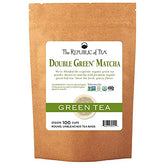 The Republic of Tea frente del envase Double Green Matcha mostrando sello orgánico y beneficio conveniencia