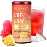 The Republic of Tea empaque frontal mostrando sobres y beneficio de porciones listas
