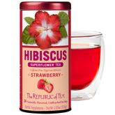 The Republic of Tea presentación frontal de caja con hibisco y fresa, atractivo visual
