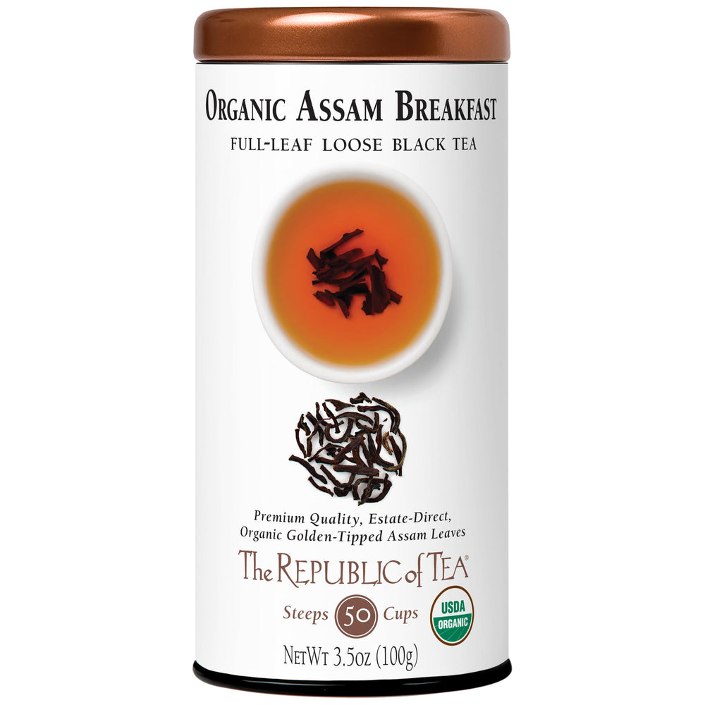 The Republic of Tea lata frontal mostrando Assam y beneficio de conservación