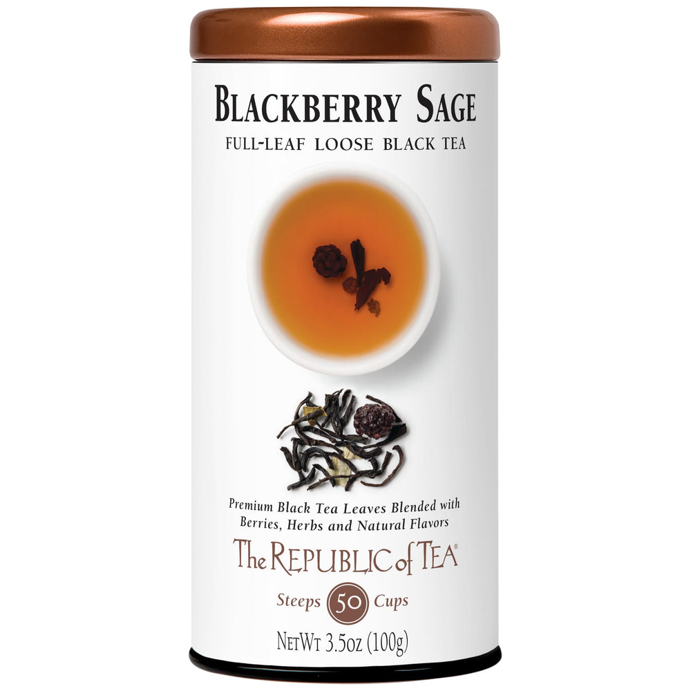 The Republic of Tea lata frontal con mezcla blackberry sage, presentación conveniente
