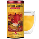 The Republic of Tea lata frontal Hot Apple Cider mostrando diseño y sello, mantiene frescura