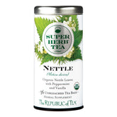 The Republic of Tea caja frontal de SuperHerb Ortiga mostrando 36 bolsitas y branding