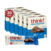 think! empaque frontal de Brownie Crunch mostrando 30 barras, práctico para llevar