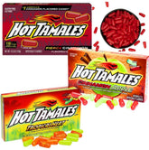 Think Candy caja frontal Hot Tamales mostrando los tres sabores y conveniencia de paquete