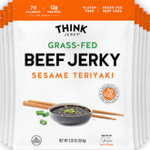 Think Jerky empaque frontal mostrando sabor sesame teriyaki y beneficios saludables