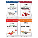 Think Jerky pack frontal mostrando las cuatro bolsas y el beneficio de variedad