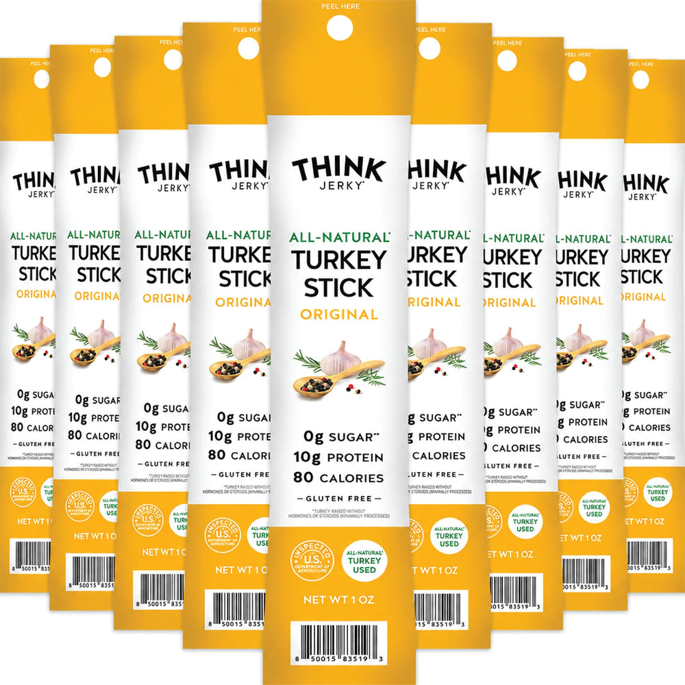 Think Jerky pack frontal mostrando 20 bastones, ideal para snacks proteicos