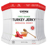 Think Jerky paquete frontal Sriracha Honey mostrando diseño y beneficio práctico