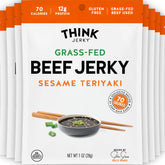 Think Jerky empaque frontal mostrando sabor teriyaki y sésamo, conveniencia portátil