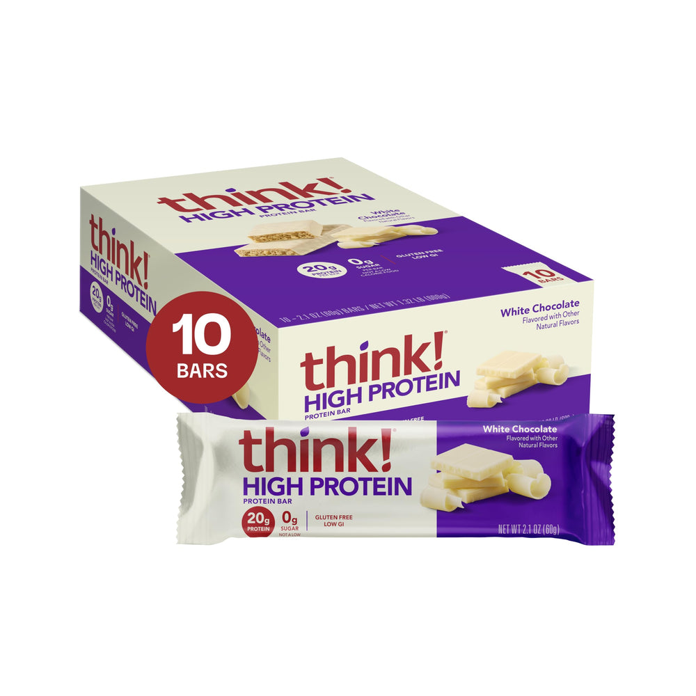 think! barra White Chocolate frente del empaque mostrando cantidad y beneficio proteico