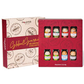 Thoughtfully estuche delantero con ocho frascos mostrando variedad y conveniencia