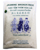 Three Ladies bolsa frontal de arroz Jasmine roto mostrando tamaño y marca