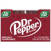Tic Tac Dr Pepper vista frontal del envase mostrando tamaño portátil y conveniencia