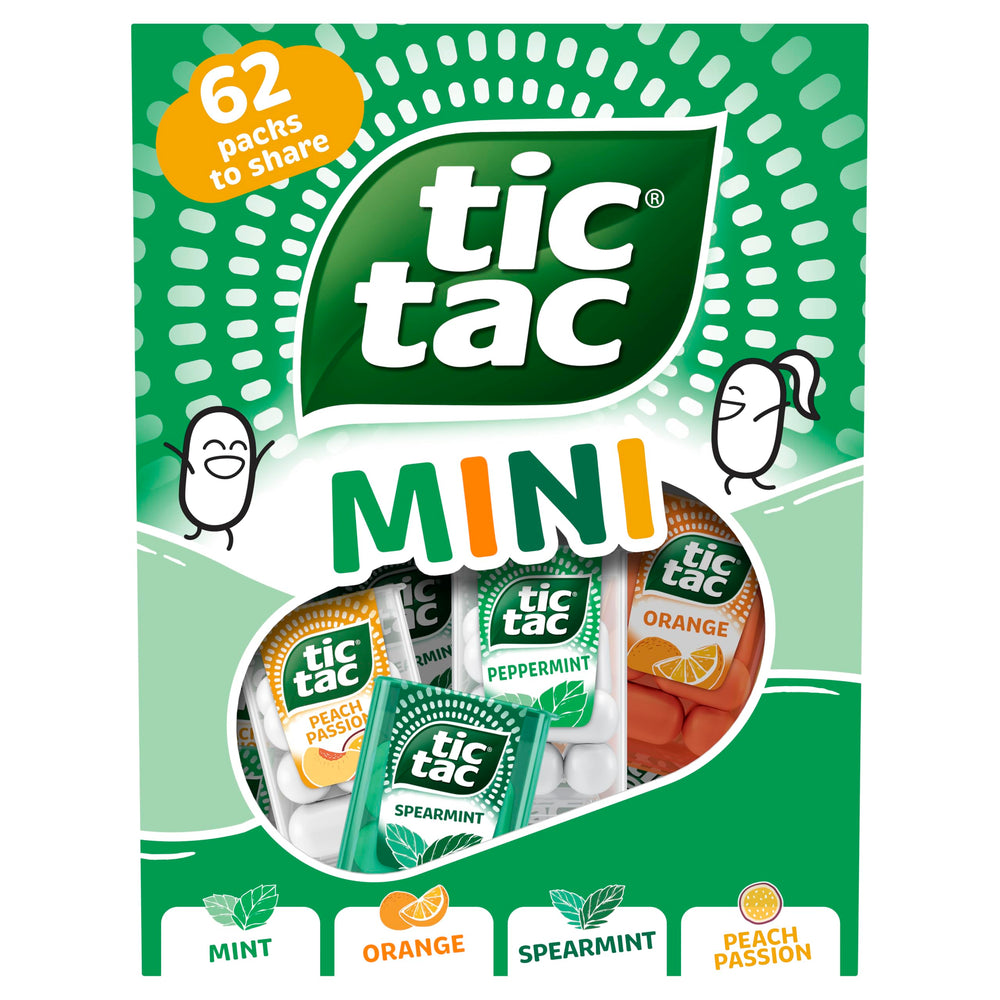 Tic Tac pack frontal mostrando etiquetas y cuatro sabores para compartir