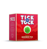 Tick Tock frente de la caja con 80 bolsitas que muestra certificación orgánica y origen