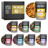 Tiesta Tea caja frontal con las ocho mezclas, muestra variedad y regalo