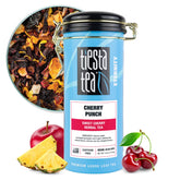 Tiesta Tea frasco de Cherry Punch mostrando el empaque y beneficio de presentación atractiva
