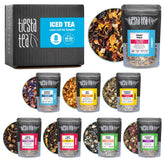 Tiesta Tea presentación del sampler mostrando los ocho pouches, descubre variedad fácilmente