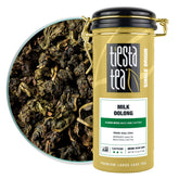 Tiesta Tea empaque frontal mostrando el tin reutilizable y frescura