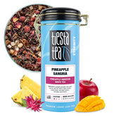 Tiesta Tea pouch frente mostrando mezcla tropical y conservación