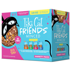 Tiki Cat frontal del empaque mostrando variedad y tamaño, ideal para elegir sabores