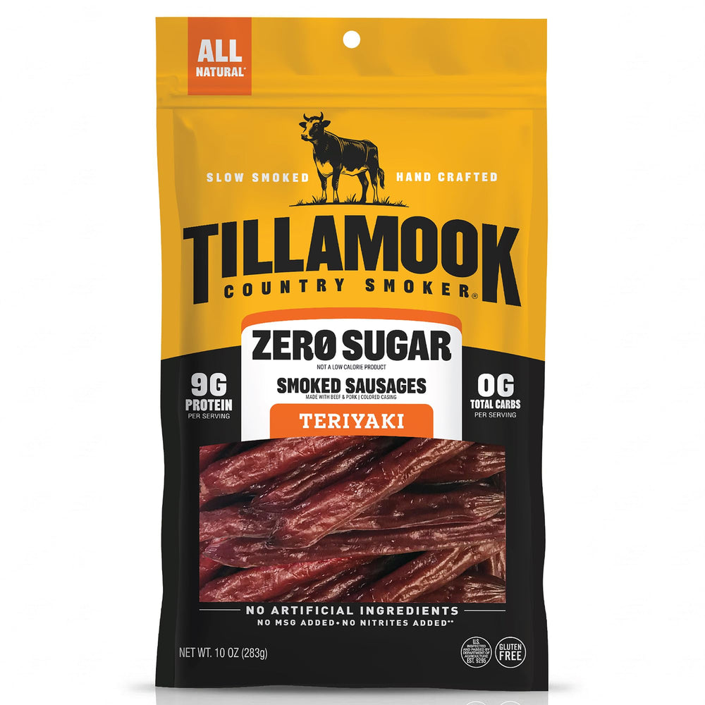 Tillamook Country Smoker bolsa frontal mostrando palitos y conveniencia