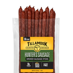 Tillamook Country Smoker frasco frontal mostrando 36 palitos y conveniencia