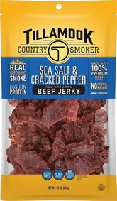 Tillamook Country Smoker paquete frontal de jerky de res 10 oz mostrando marca y sabor