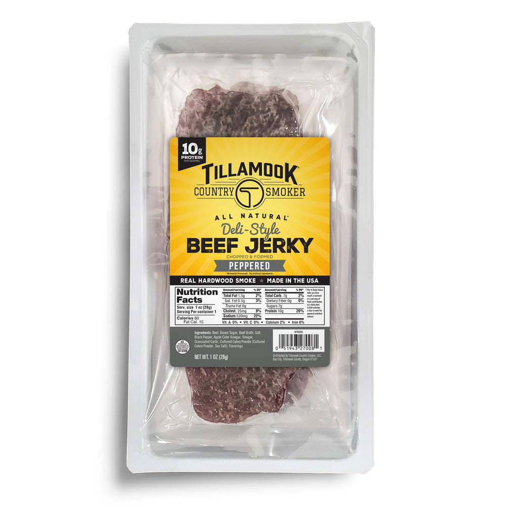 Tillamook Country Smoker frente del paquete con tiras finas y sabor ahumado