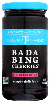 Tillen Farms frasco frontal mostrando cerezas enteras y etiqueta clara, facilita elección