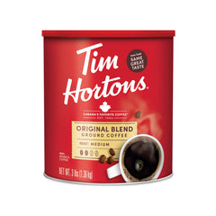 Tim Hortons lata frontal mostrando el envase grande y logo reconocible