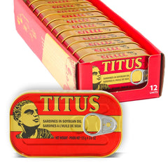 TITUS lata frontal mostrando etiqueta y conveniencia para despensa