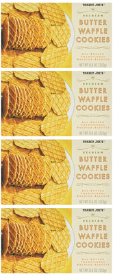 TJ's paquete frontal de galletas butter waffle mostrando cajas y marca, atractivo de tienda