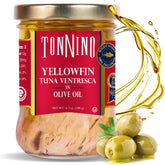 Tonnino frasco frontal mostrando ventresca en aceite, presentación gourmet