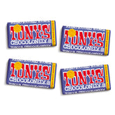 Tony's Chocolonely empaque frontal morado mostrando sabor pretzel y toffee, atractivo visual