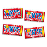 Tony's Chocolonely empaque frontal mostrando diseño colorido y mensaje justo