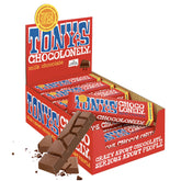 Tony's Chocolonely empaque frontal que muestra diseño y mensaje ético