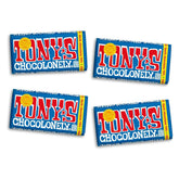 Tony's Chocolonely empaque frontal mostrando diseño y certificaciones, transmite confianza