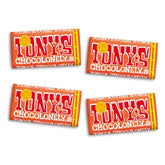 Tony's Chocolonely empaque frontal mostrando sabor y beneficio de comercio justo